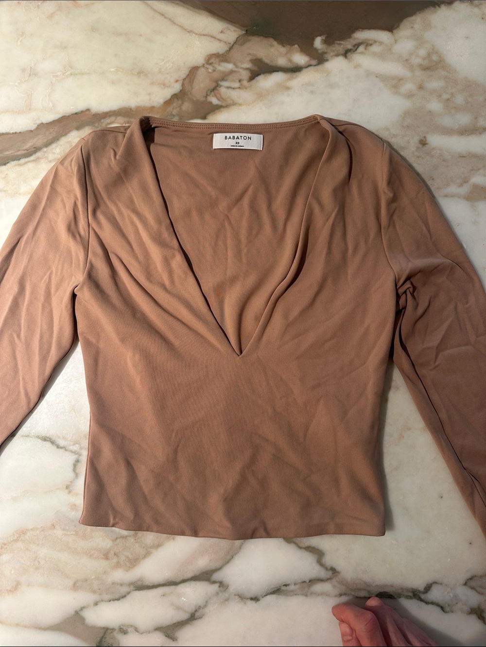 Aritzia Rust-Tan Draped V-Neck Long Sleeve Top